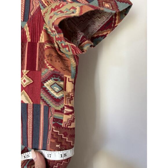 Bohemian Western Dress Medium Aztec Print Handmade Button Knee Short Sleeve Red - Picture 7 of 10